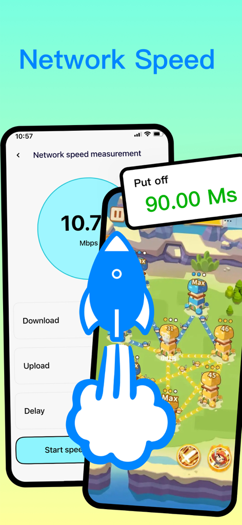 Auto Clicker - Automatic Click - ロケットアイコン付きのネットワーク速度測定とゲームレイテンシテストを表示するモバイルアプリのインターフェイス。