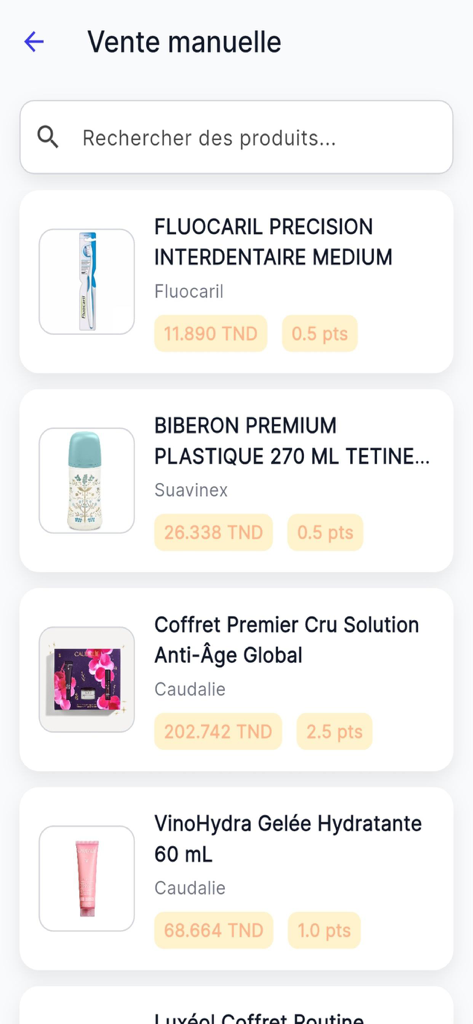 Novopharma MyChallenge - Manual sale entry screen showing pharmaceutical products and their corresponding reward points in the Novopharma MyChallenge app.