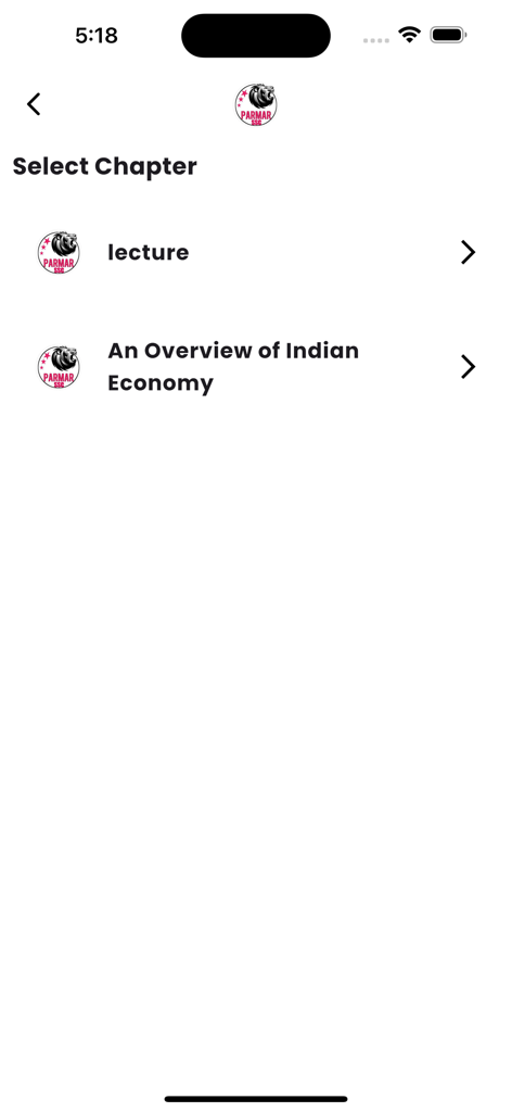 Parmar Academy app interface showing the select chapter screen with a lesson on the Indian economy.