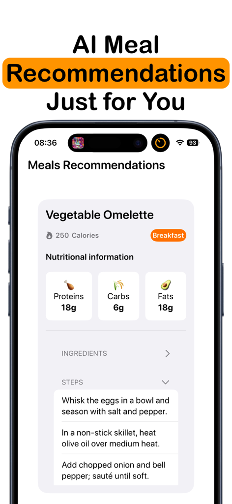 Nutrix AI - AI Meal Tracker - Nutrix AI mobile app screen showing a personalized vegetable omelette recipe with macro breakdowns and cooking steps
