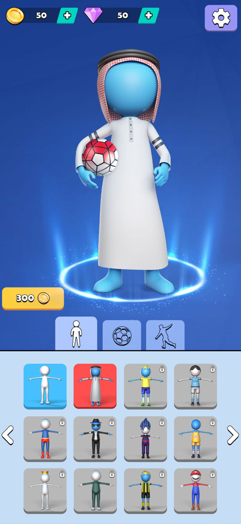 Character selection screen in Kick It Fun Soccer featuring a variety of unique player skins and customization options