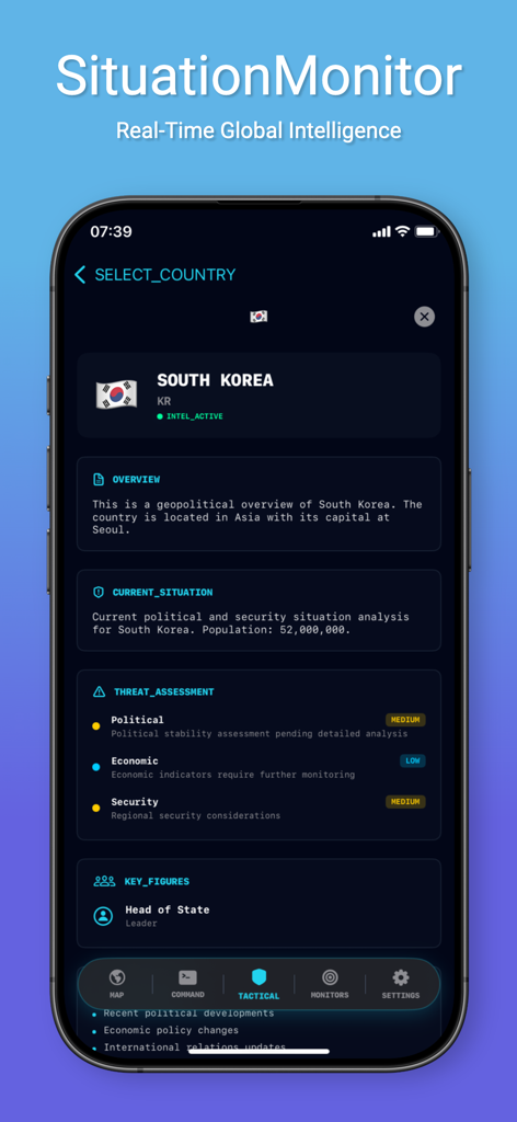 SituationMonitor - SituationMonitor app screen showing a tactical intelligence dashboard for South Korea with political and economic threat assessments.