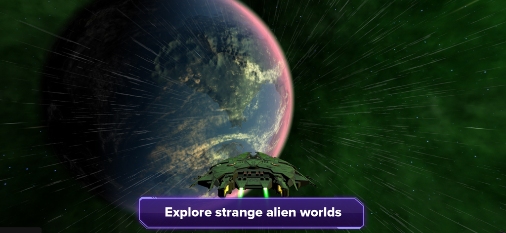 Stars and Planets - Astronomy - A green spacecraft flying through a green nebula towards a large alien planet in the Stars and Planets app