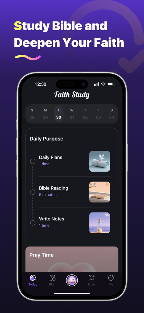 FaithStudy – Bible Study Guide - FaithStudy app dashboard showing daily purpose with bible reading and study plans