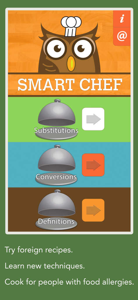 Smart Chef - Cooking Helper - Tela principal do aplicativo Smart Chef mostrando opções de menu para substituições culinárias, conversões e definições