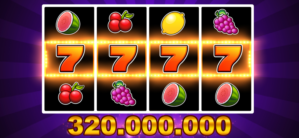 Slots - casino slot machines - Tela de vitória de máquina de caça-níqueis clássica 777 com quatro símbolos de sete da sorte e um jackpot de 320 milhões de moedas