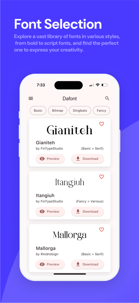 DaFonts - Fonts Downloader - Tela do aplicativo DaFonts exibindo opções de fontes e botões de download