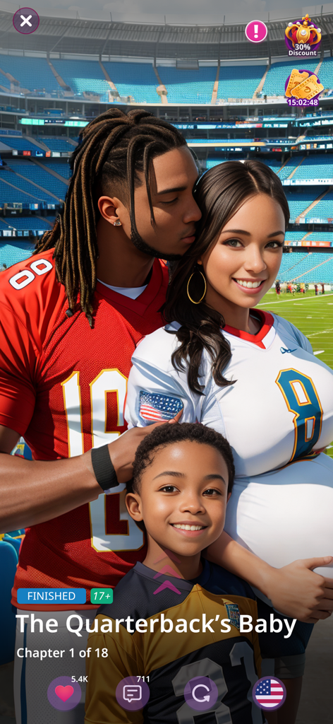 My Stories: Choose romance - Pantalla promocional de la historia interactiva La Bebé del Quarterback en la app Mis Historias