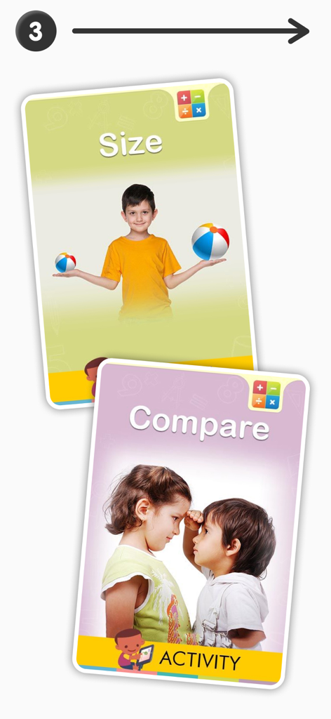 Educational flashcards from the Math Addition and Subtraction app showing size and comparison concepts for kids.