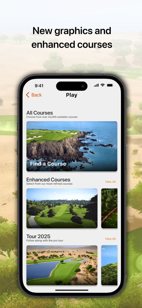 Home Tee Hero - Home Tee Hero app interface showing course selection for golf simulation with enhanced graphics and lidar data