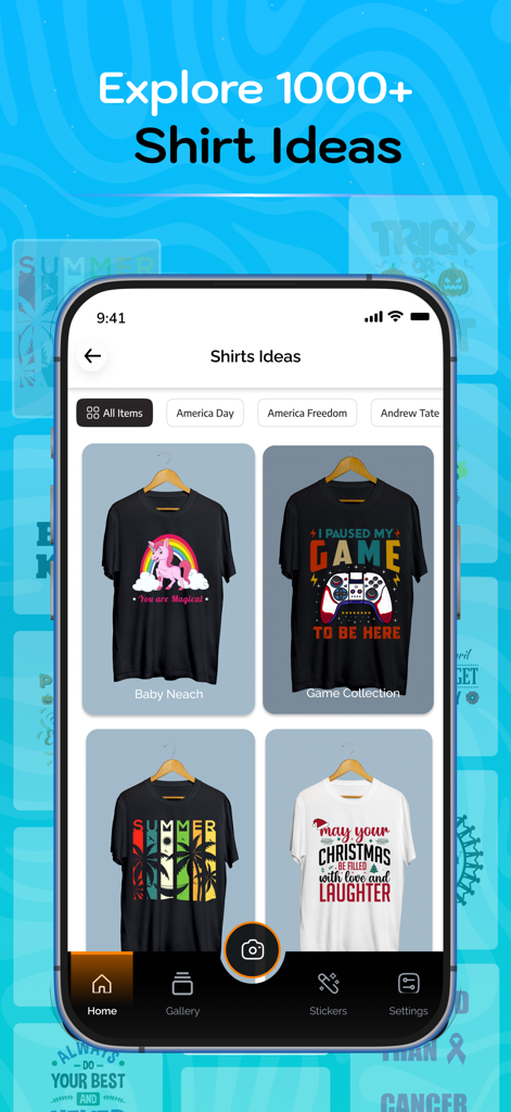 T-Shirt Editor: Shirt Designer - A mobile phone screen showing a variety of custom t-shirt design templates and categories.