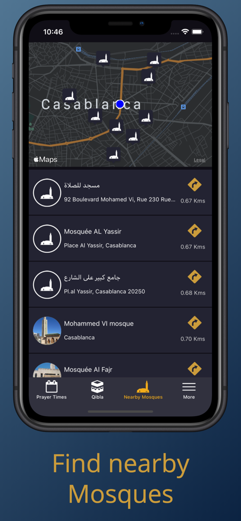 Salaat First - الصلاة أولا - Benutzeroberfläche der Salaat-First-App mit einer Karte und einer Liste der nahegelegenen Moscheen in Casablanca
