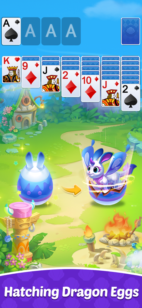 Solitaire Dragons - Solitaire card game screen showing a cute blue dragon hatching from an egg in a fantasy world