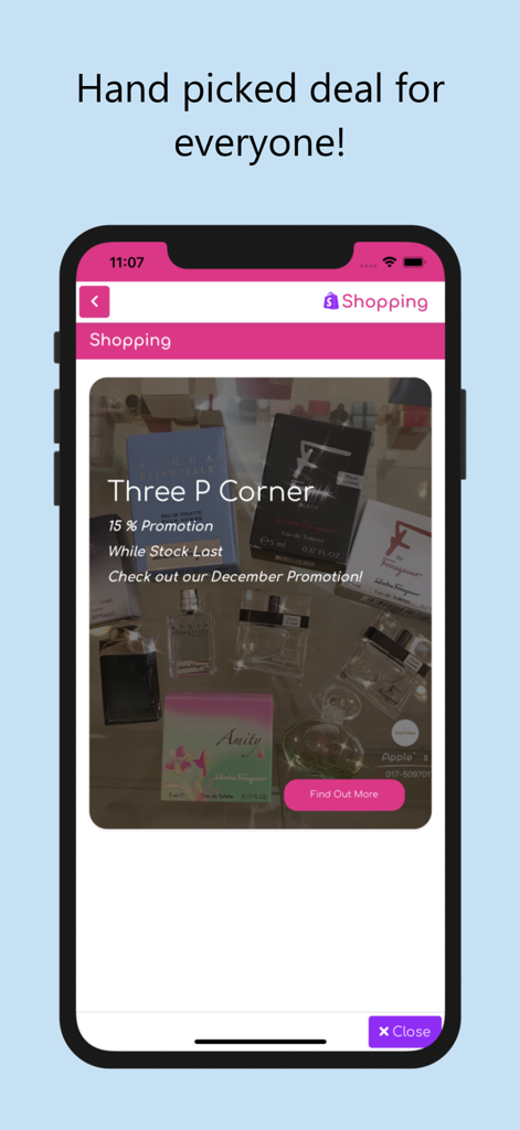 Shopping screen in the Cuti Cuti Langkawi app featuring a 15% perfume promotion at Three P Corner
