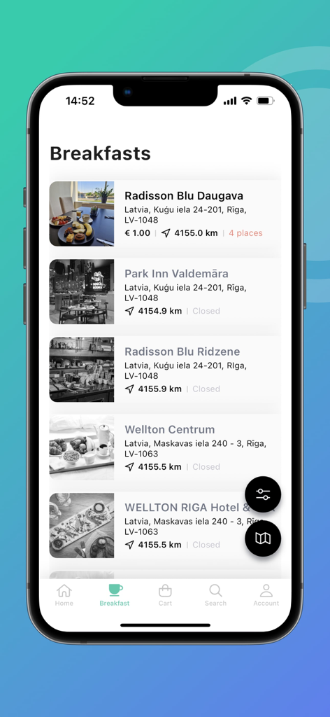 Eat in Hotels - Mobile app interface displaying hotel breakfast options and locations