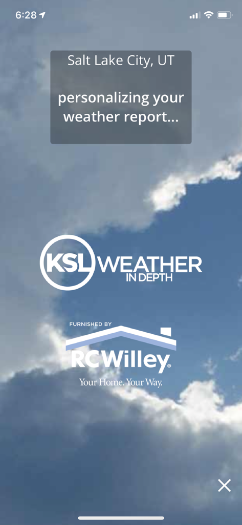 Loading screen for KSL Weather app in Salt Lake City featuring a cloudy sky background and local sponsorship
