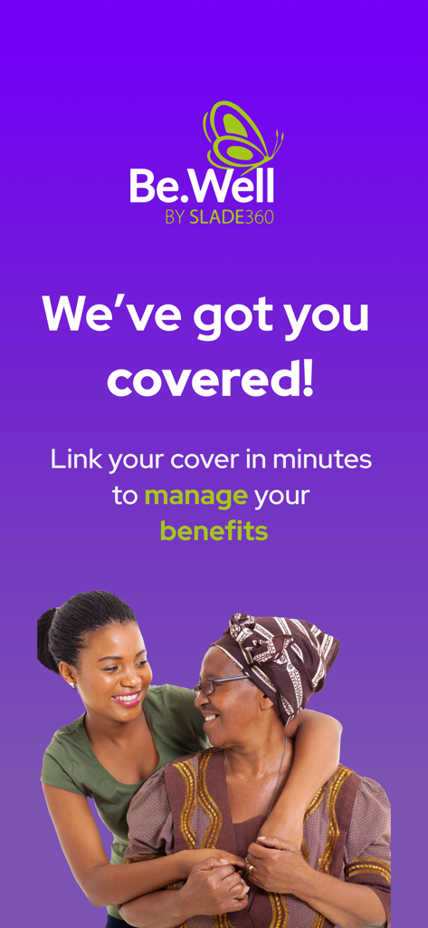 Be.Well by Slade360° - Pantalla de la aplicación Be.Well mostrando a una mujer joven abrazando a una mujer mayor con texto sobre la gestión de beneficios médicos