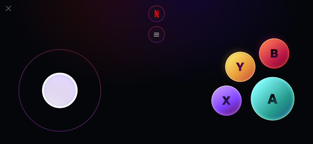 Netflix Game Controller - Virtual game controller interface with a joystick and colorful A B X Y action buttons on a dark background