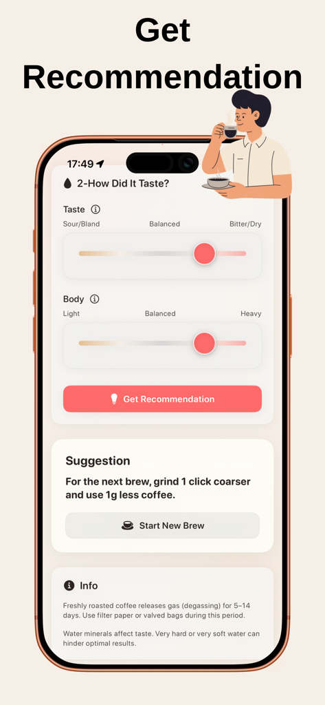 Fix My Coffee - Interfaz de la aplicación Fix My Coffee mostrando controles deslizantes de sabor de café y sugerencias de ajuste de preparación