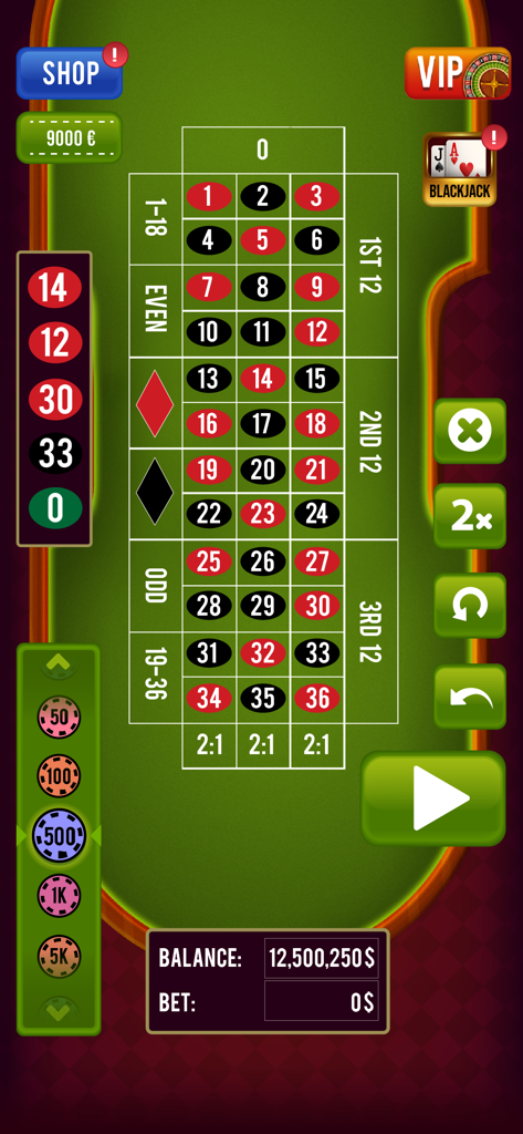 Roulette Casino - Wheel Spin - Ein digitaler Roulette-Wettisch mit Chips und Spielsteuerung auf einer grünen Filzoberfläche