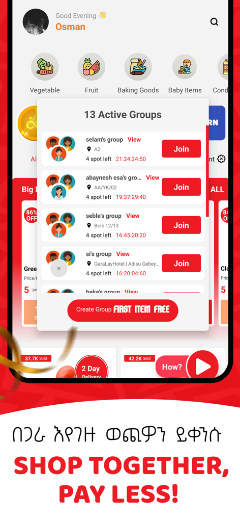 Interfaz de la aplicación ChipChip que muestra listas de compras grupales activas y el lema compra juntos paga menos