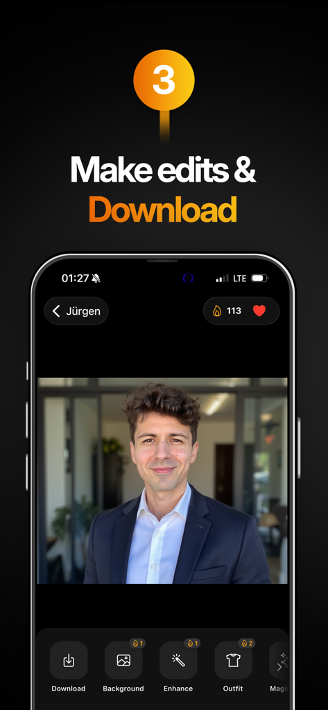 Dr. Headshot app interface showing a professional AI corporate photo with editing and download options