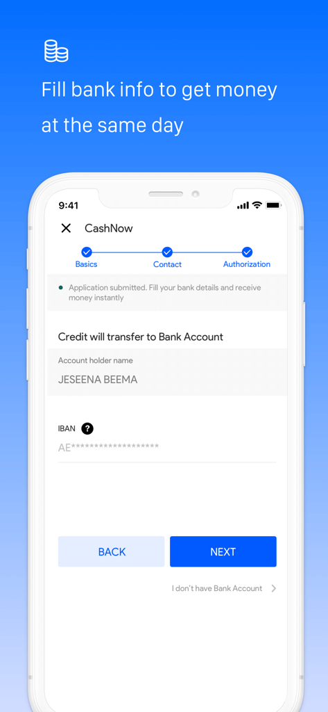 CashNow app interface showing the bank information entry step for a loan application.