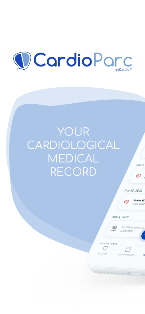 CardioParc - CardioParc app introductory screen displaying your cardiological medical record summary on a mobile phone