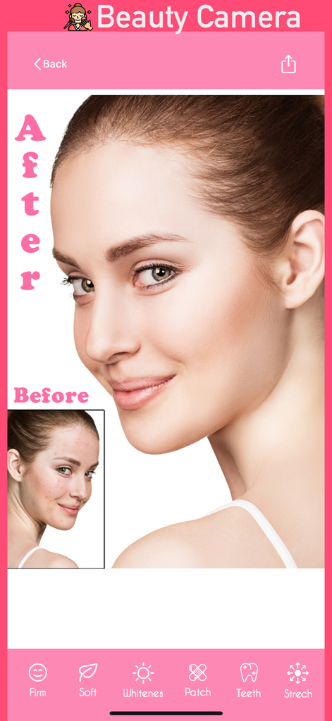 Beauty Camera: Perfect Ai Face - A before and after comparison of skin smoothing and blemish removal in the Beauty Camera app interface.