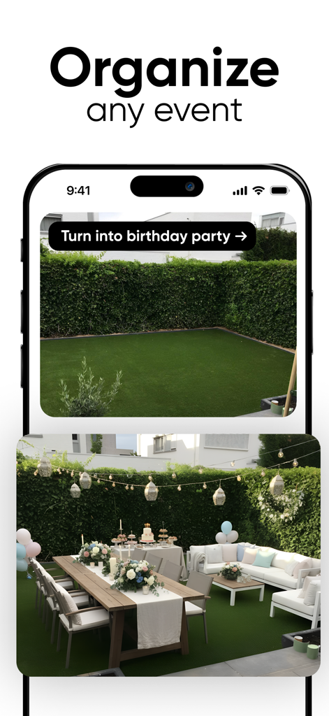 Deco - AI Home Design - Transformação por IA de um jardim simples em um evento de festa de aniversário decorado