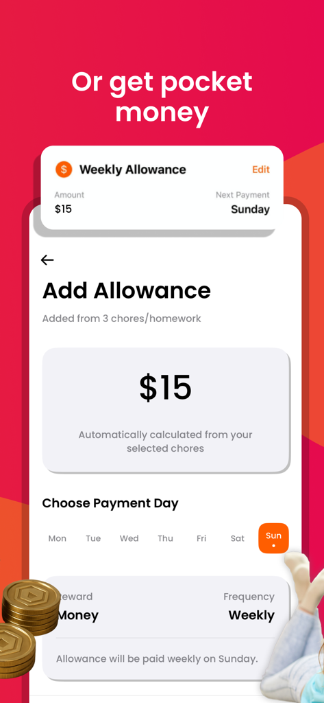 Interface para configurar recompensas semanais de mesada com base em tarefas concluídas no aplicativo Carrots and Cake