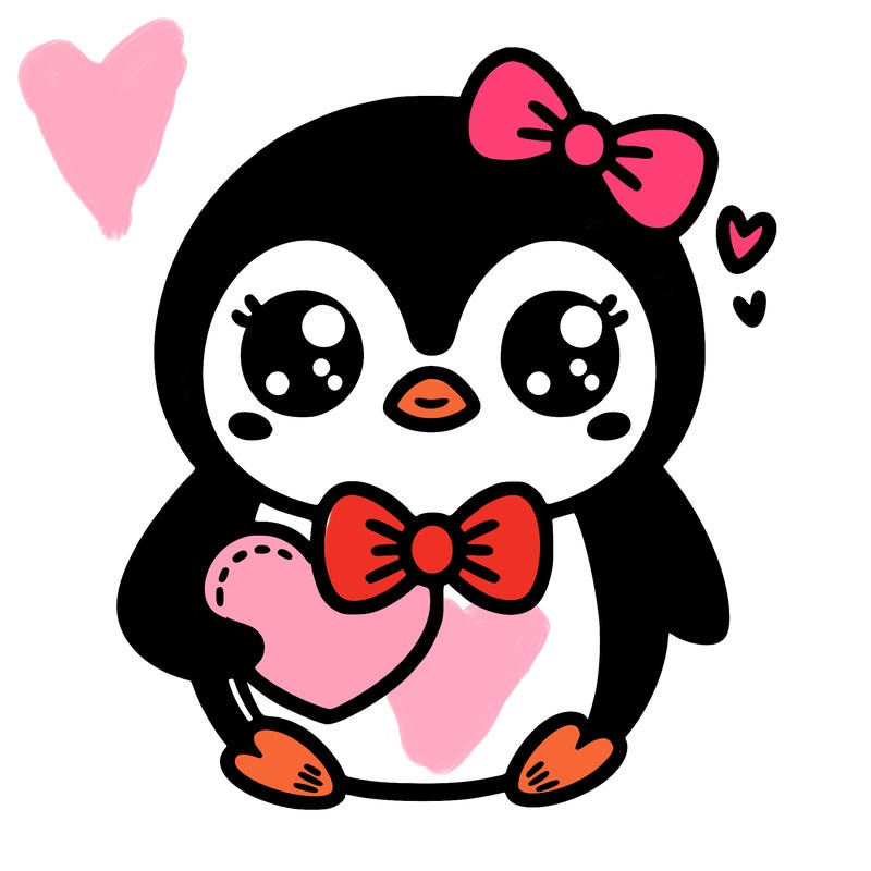 cute penguin with bow tie holding heart