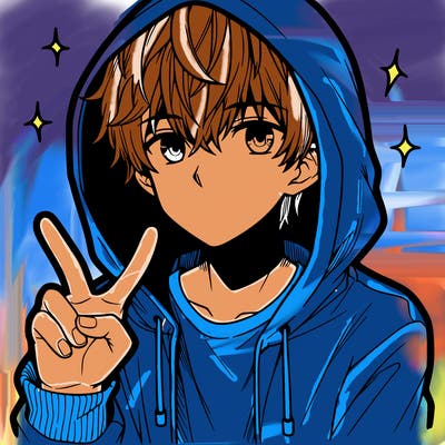 teenage manga boy in a hoodie, doing ✌