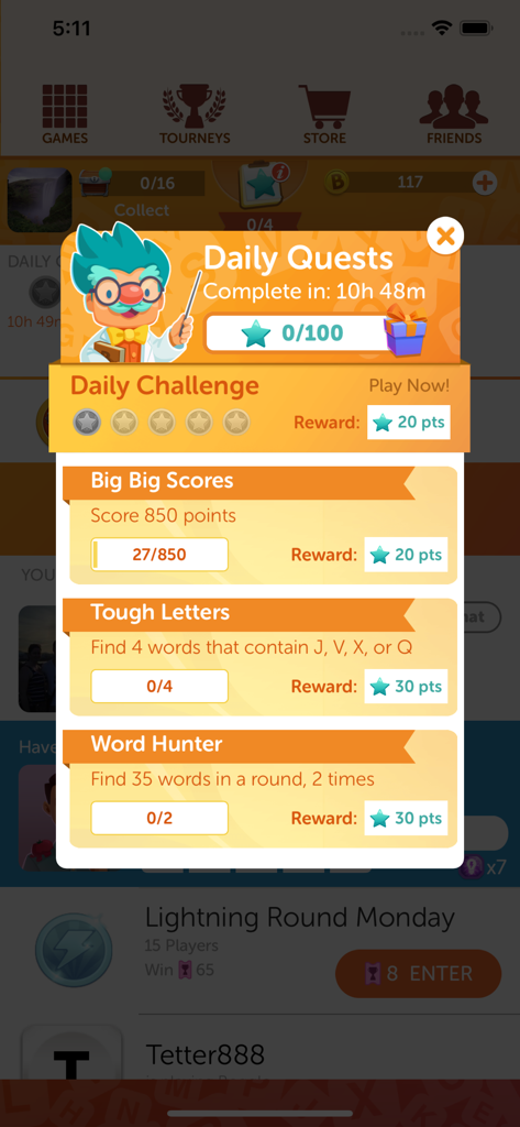 Interface de l'application mobile Boggle With Friends montrant une fenêtre contextuelle de quêtes quotidiennes avec des défis de jeu de mots et des récompenses