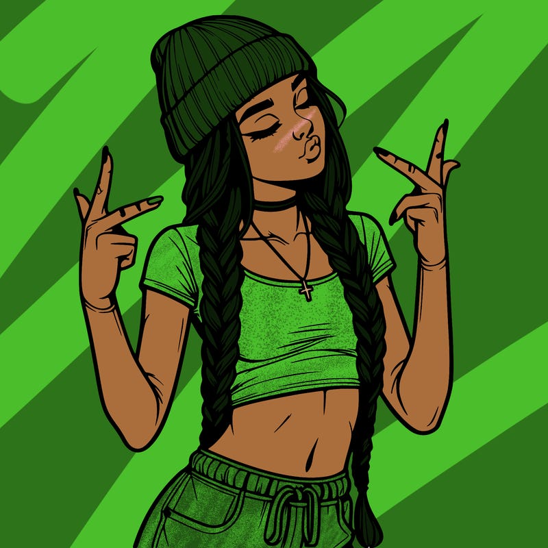 realistic teenage girl with braids and a beanie and crop top doing 🫶🏼