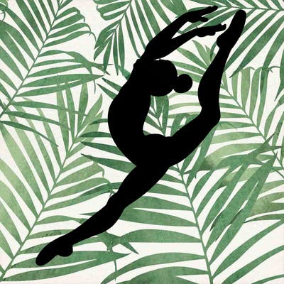 gymnast doing a leap in a leotard with a bent back leg