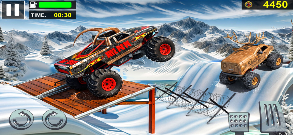Monster Truck 4x4: Offroad MTD - Monster truck with antlers jumping on a snowy track in a mountain landscape