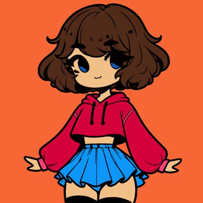 cute femboy with short, fluffy hair that softly frames their face, wearing a cropped hoodie, paired with a flouncy short skirt, and thigh-high stockings