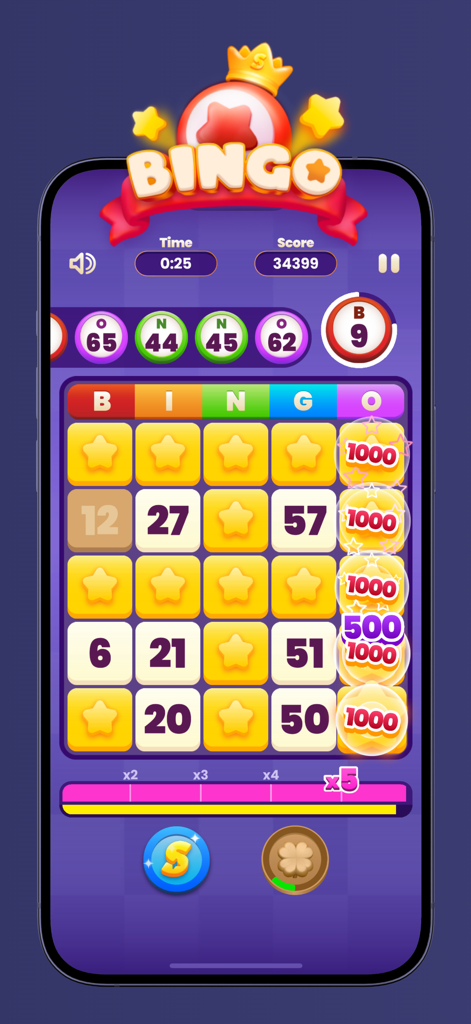 Mobile gameplay screen of Spark Win Cash showing a bingo match with a high score and active power ups