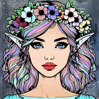realistic female elf with flower crown