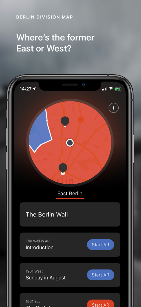MauAR - Berlin Wall - A smartphone display showing the Berlin Division Map in the MauAR app with options to start historical AR experiences