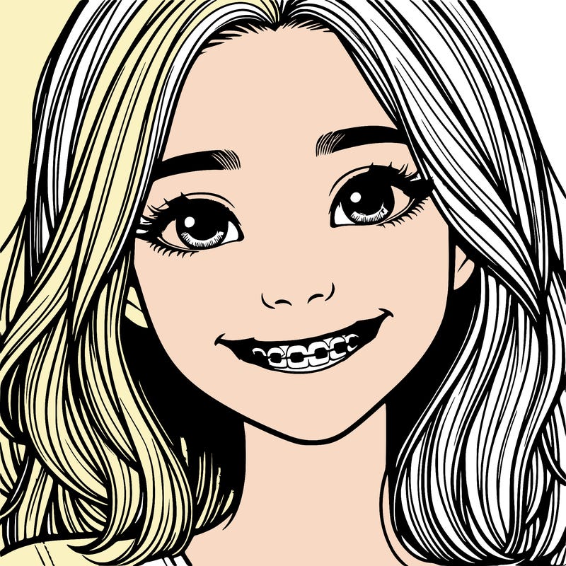 a girl with braces smiling with freckles realistic