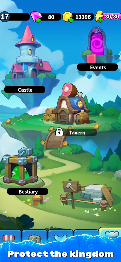 Archmagic Survivors TD - Main game hub of Archmagic Survivors TD showing a floating castle bestiary and tavern on a lush green map