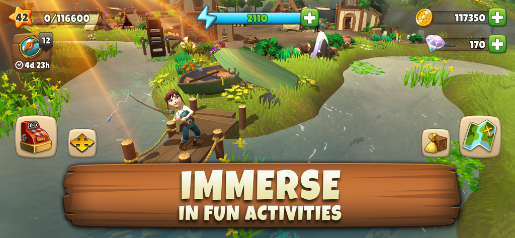 Sunrise Village Adventure Game - Ein Charakter angelt auf einem Holzsteg neben einem Fluss im Abenteuerspiel Sunrise Village.