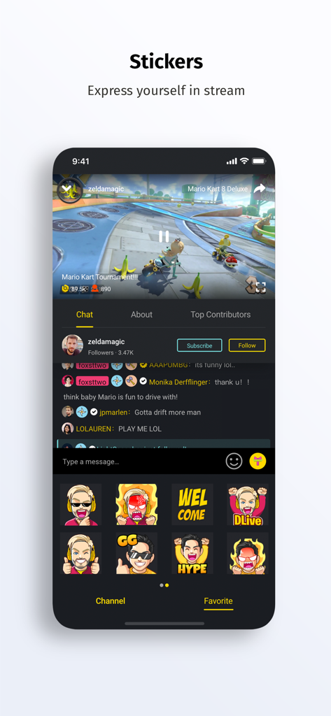 DLive · Your Stream Your Rules - Interfaz de la aplicación móvil DLive mostrando una transmisión de juego en vivo y varias pegatinas de chat para expresarte.