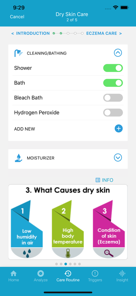 EczemaLess, an AI Eczema Guide - EczemaLess app interface showing dry skin care routine settings for bathing and information on dry skin causes.