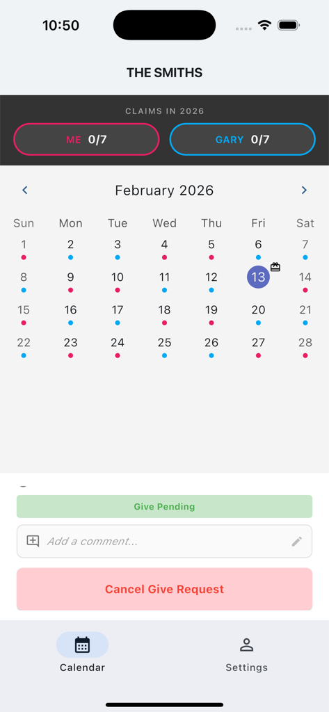 Child Custody Calendar - Monthly view of a shared custody schedule with color coded days for each parent.