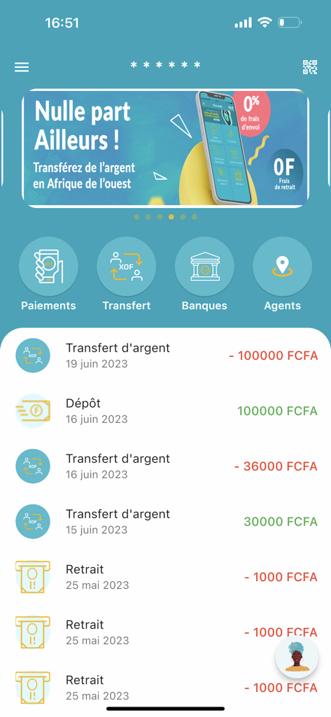 Dashboard of the Wizall Money app showing recent money transfers and deposits in FCFA.