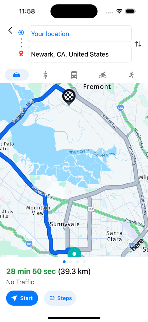 GPS Navigation, Map Direction - Application de navigation GPS affichant un itinéraire de conduite vers Newark Californie