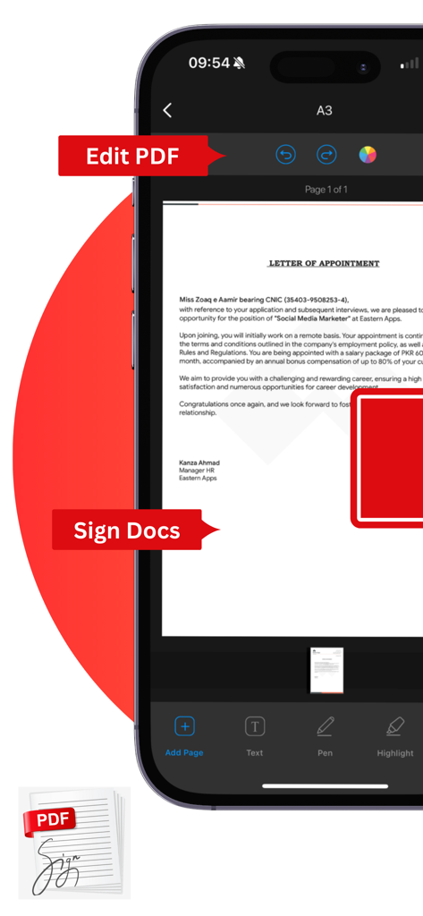 Fill & Sign: PDF Filler Editor - A mobile interface on an iPhone showing the Fill and Sign PDF app with tools to edit and sign a document